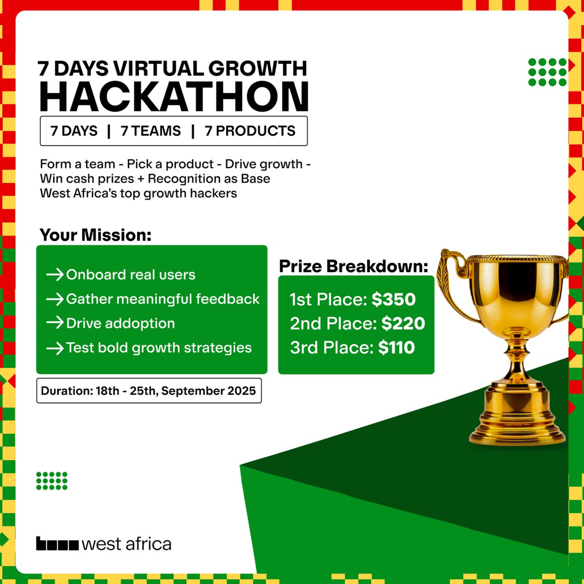 BasedWestAfrica's tweet image. One week. Seven teams. A race for growth supremacy.
From Sept 18–25, Base West Africa is hosting a virtual hackathon where marketers turn ideas into real traction. $1,000+ is on the line and we get to choose the best of the best.
Ready to captain a team? Fill the form in less…