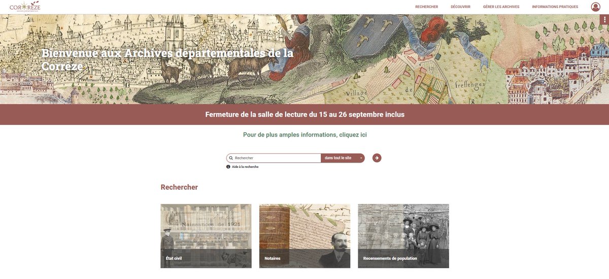 Les #Archives départementales de la #Corrèze proposent depuis début septembre un nouveau portail Internet : proposant plus de 5 millions de documents numérisés, il est conçu pour répondre aux attentes des usagers et aux usages numériques actuels. archives.correze.fr