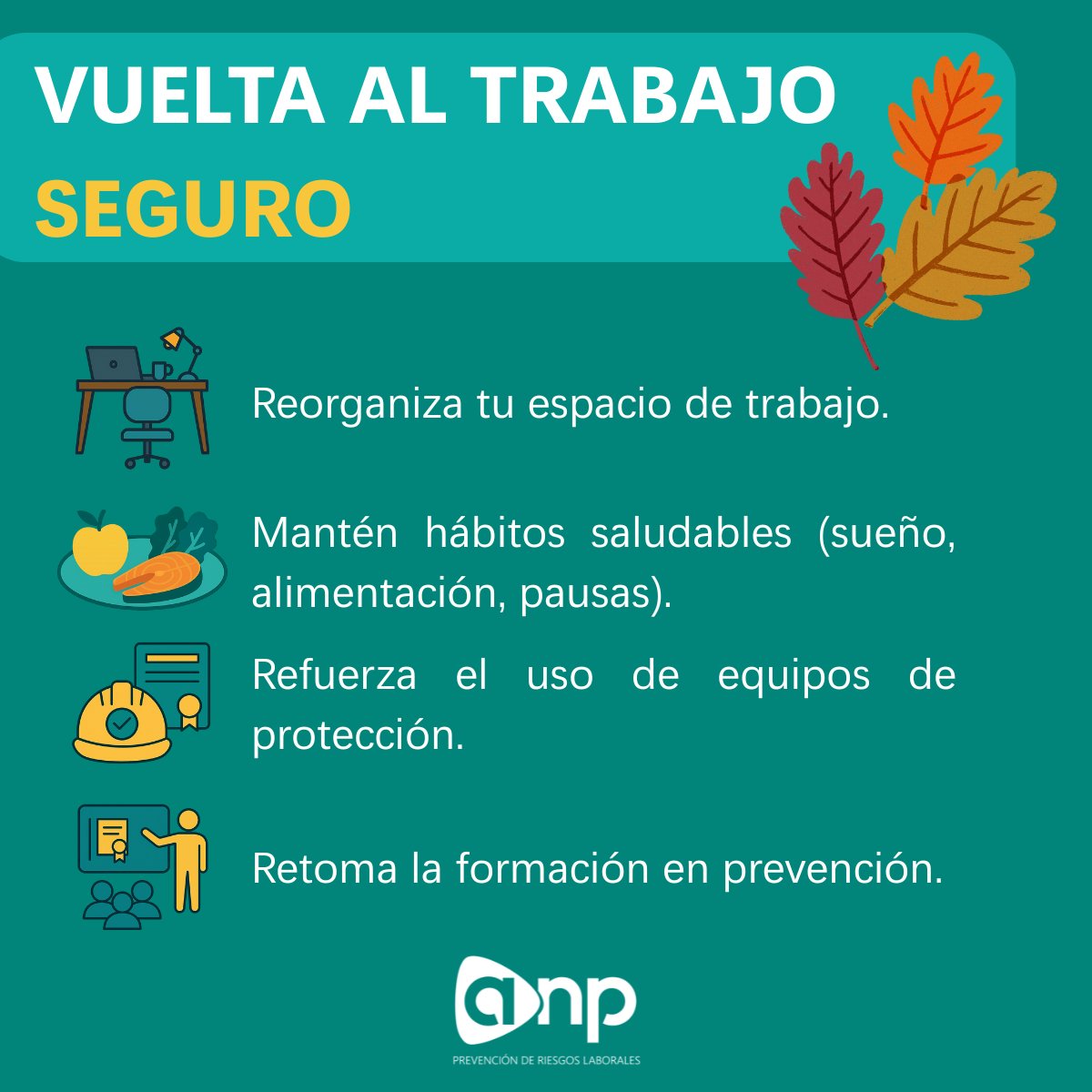 🍂 Septiembre marca la vuelta a la rutina. Haz que sea segura:
✅ Organiza tu espacio
✅ Mantén hábitos saludables
✅ Usa los EPI
✅ Refuerza tu formación

👉 La seguridad empieza en ti.
#Prevención #SeguridadLaboral #PRL