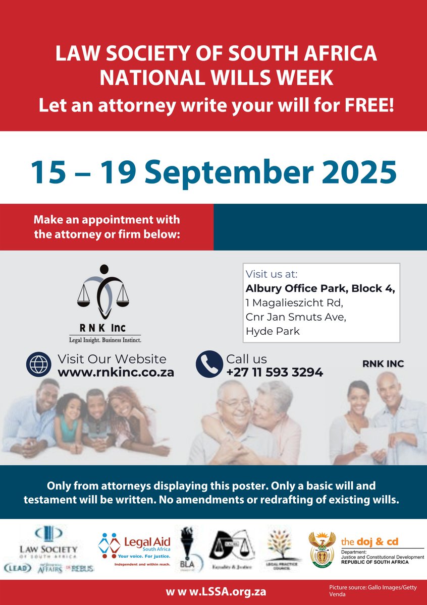 RNK_Attorneys's tweet photo. No will? No way! Secure your legacy during Wills Week.
#WillsWeek #RNKInc #FreeWill #SecureYourLegacy
#lawsocietysa https://t.co/kl7C8iFEcR