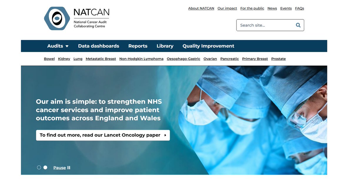 Our new website is live! 🎉

All 10 national cancer audits are now in one place: bowel, OG, NHL, lung, ovarian, kidney, prostate, pancreatic, primary breast &amp; metastatic breast.

Plus a refreshed QI page and new sections have been added👉 natcan.org.uk