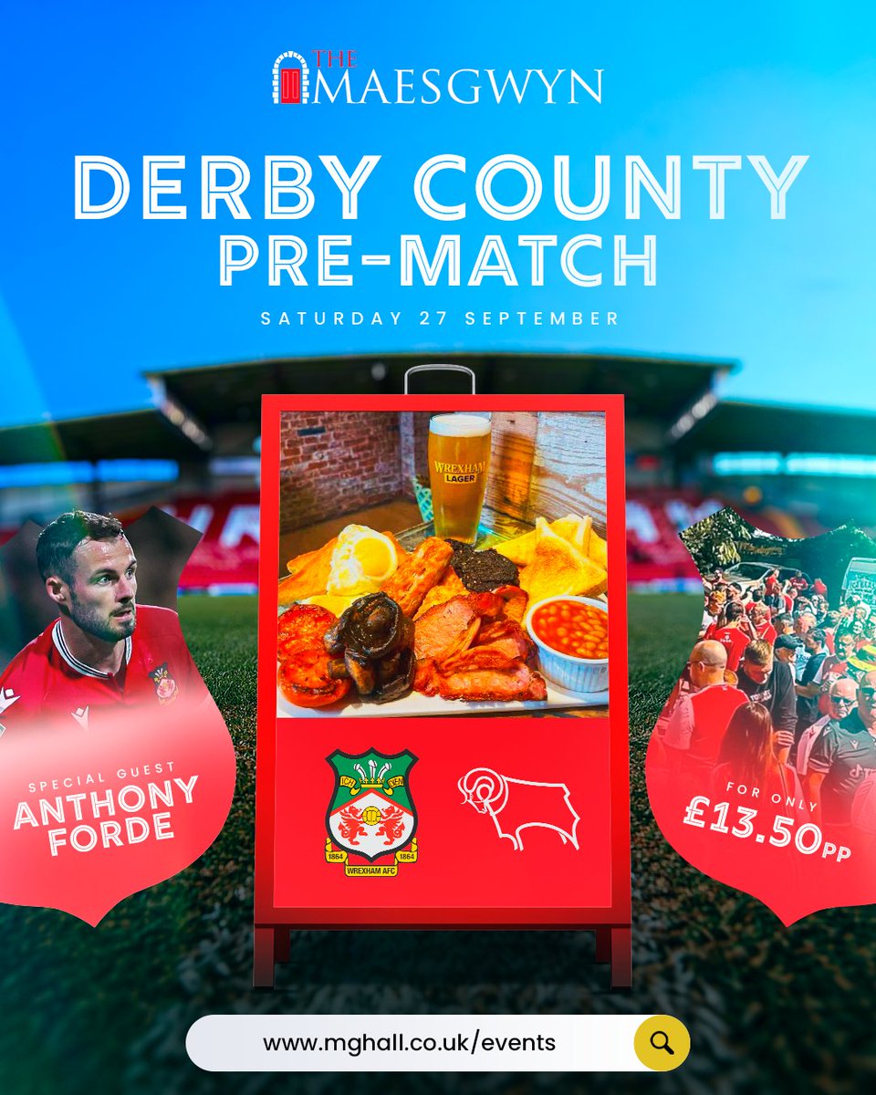 🍺⚽️ P R E - M A T C H ⚽️ 🍺 

⚽ Wrexham vs Derby County
🗓️ Sat 27th September
⏰ Open from 10am 
🥰 Big Breakfast and a Beer 

Special Guest: Anthony Forde

£13.50 Per Person 

⬇️BOOK NOW ⬇️
sbee.link/fuwpbmcjtd