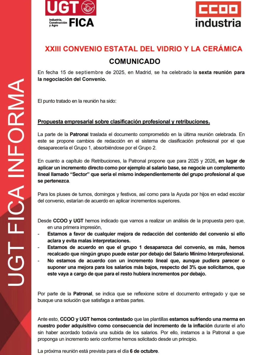 📢 Negociación del XXIII Convenio Estatal del Vidrio y la Cerámica.
En fecha 15 de septiembre, <a href="/UGT_FICA/">UGT FICA #SalariooConflicto #PactoIndustria</a> y #CCOO , han asistido a la sexta reunión en Madrid.
📅 Próxima reunión: 6 de octubre.
📝👇🏽
#UGTFICA #Vidrio #Cerámica #ConvenioColectivo