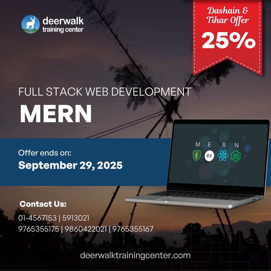 DeerwalkCenter's tweet image. 𝗗𝗮𝘀𝗵𝗮𝗶𝗻 𝗮𝗻𝗱 𝗧𝗶𝗵𝗮𝗿 𝗢𝗳𝗳𝗲𝗿

Deerwalk Training Center announces training on 𝗙𝘂𝗹𝗹 𝗦𝘁𝗮𝗰𝗸 𝗪𝗲𝗯 𝗗𝗲𝘃𝗲𝗹𝗼𝗽𝗺𝗲𝗻𝘁 (𝗠𝗘𝗥𝗡).
𝗪𝗲𝗯𝘀𝗶𝘁𝗲: deerwalktrainingcenter.com

#deerwalktrainingcenter #fullstack #MERNStackDevelopment