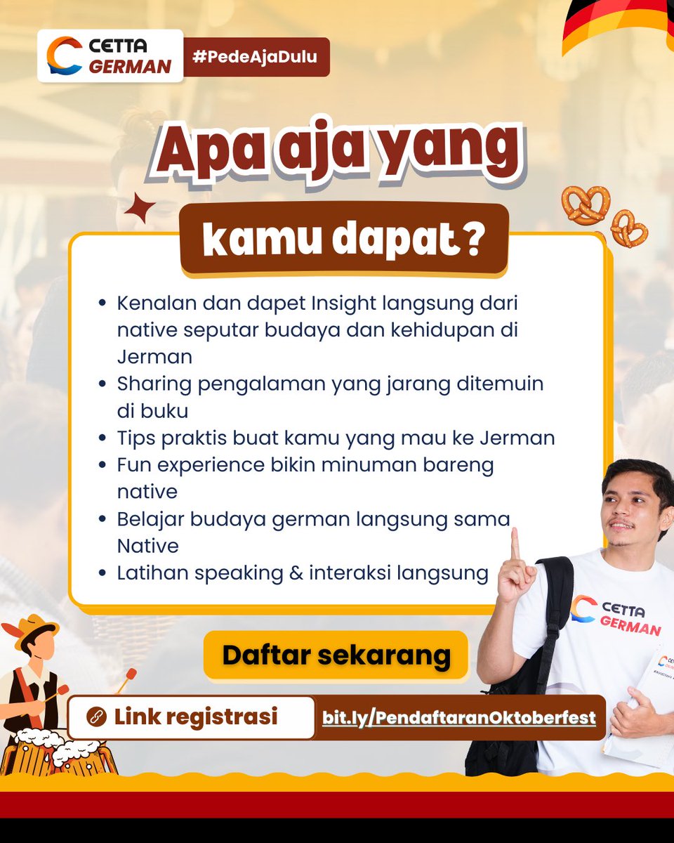 cettaonlineclas's tweet photo. Kamu diajak mas bule 🇩🇪 jerman ngobrol bareng tuh!

Cuma di sini kamu bisa dapet insight soal budaya Jerman plus ngerasain vibes Oktoberfest bareng warlok asli! 

Serius gamau join? 
https://t.co/dgnkbwhys9 https://t.co/L8rMSSbK1n