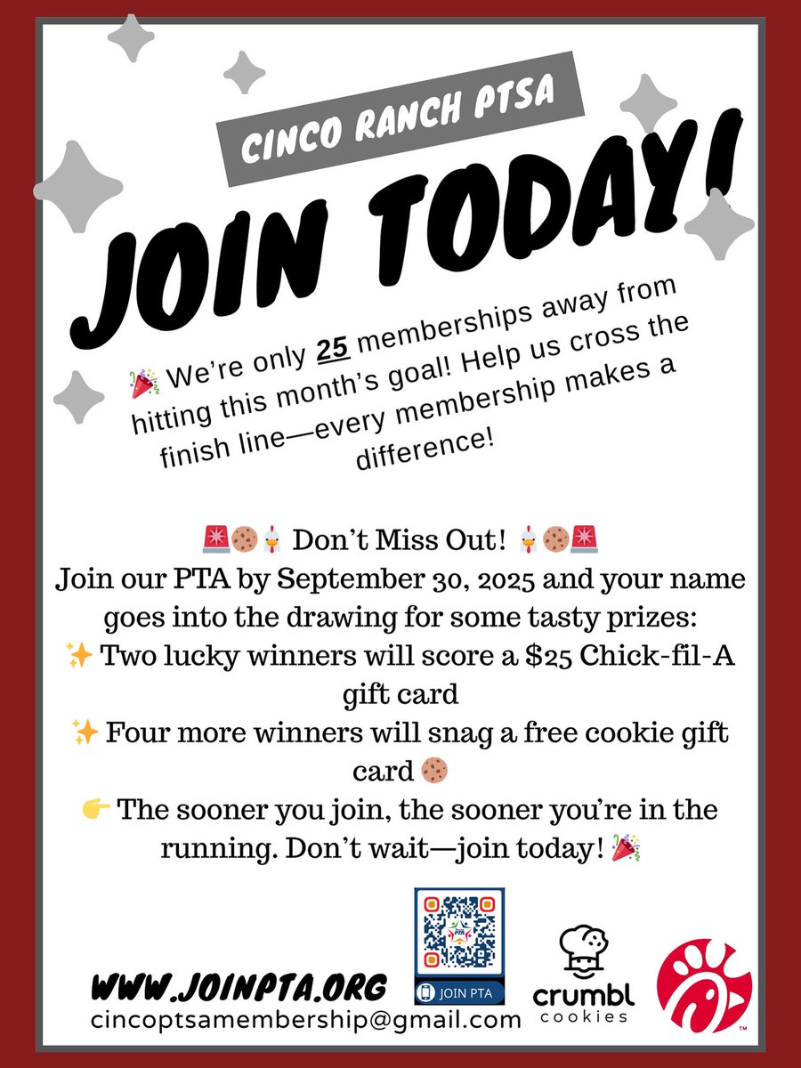 We’re only 25 memberships away from hitting this month’s goal! Help us cross the finish line-every membership makes a difference!
米 Don’t Miss Out! 米
Join our PTA by September 30, 2025 and your name goes into the drawing for some tasty prizes. joinpta.org #CPOE