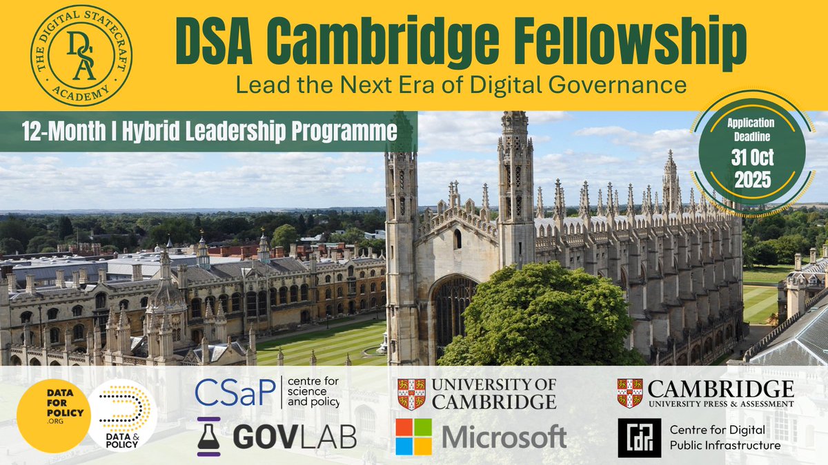 dataforpolicy's tweet image. 🛑 The Digital Statecraft Academy (DSA) Cambridge Fellowship – 12-month hybrid programme empowering public sector, academic & policy leaders to navigate the algorithmic age.
✅ Deepen expertise in GovTech, algorithmic governance, data for policy & digital public infrastructure…