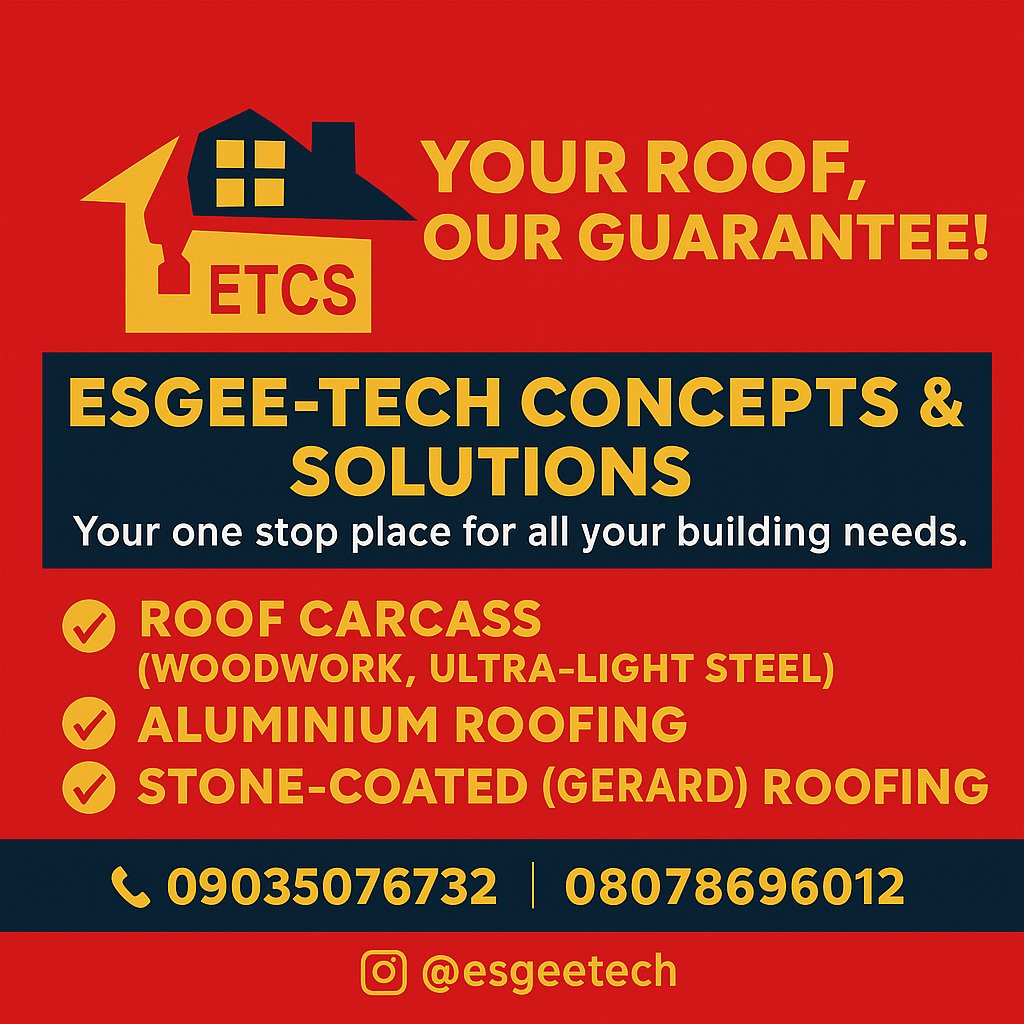 Esgeetec's tweet photo. 🏠✨ Your Roof, Our Guarantee! ✨🏠

At Esgee-Tech Concepts &amp; Solutions, we don’t just build roofs —
we build protection, comfort, and lasting value.

✅ Ultra-Light Steel Carcass – strong &amp; modern
✅ Woodwork Carcass – classic &amp; durable
✅ Aluminium Roofing – sleek https://t.co/GDY2aLphDV