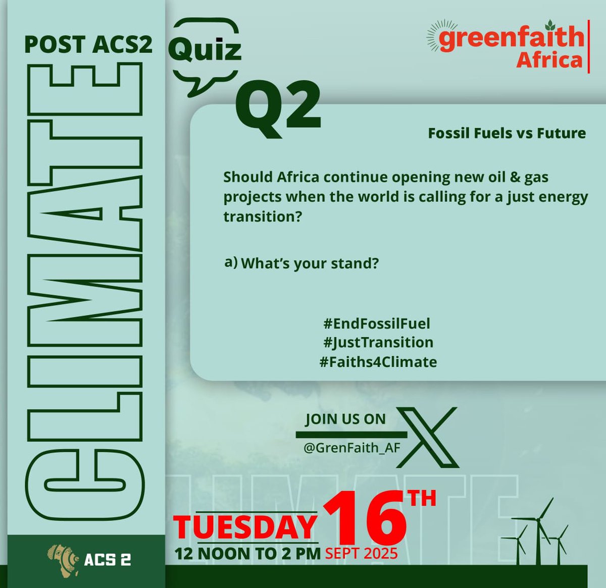 Fossil Fuels vs Future: Should Africa keep opening new oil &amp; gas projects when the world demands a just energy transition?

What’s your stand? ✊🏾

#Faiths4Climate