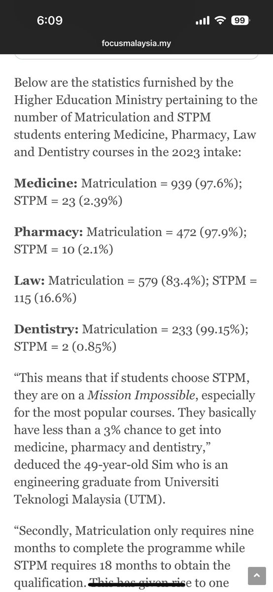 Kendogdoll's tweet photo. Shocking statistics. 

That’s why I don’t want to dismiss the STPM students fight for a place. 

They may be underserved. May be deserving. 

We dunno. 

Because it’s not transparent. 

What we can see is the statistics heavily (40 TIMES!!!) favoring matrik students! https://t.co/Wqhnp30Pui