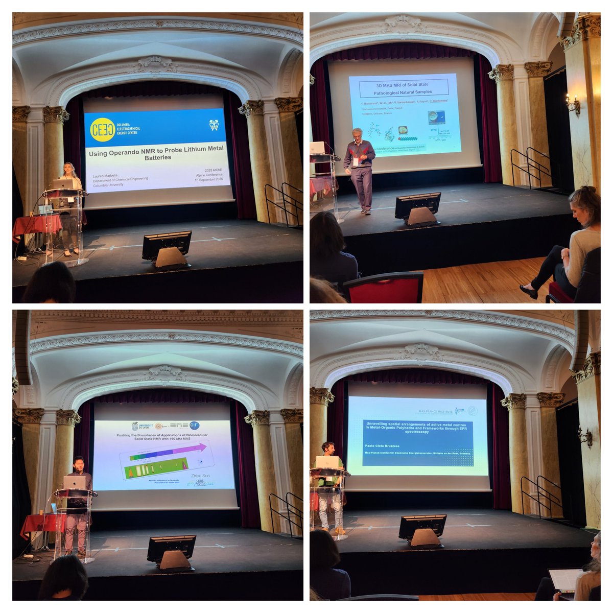 alpineconferen1's tweet photo. Our first session of the 2nd day with excellent talks from Lauren Marbella, Christian Bonhomme, Zhiyu Sun and Paolo Cleto Bruzzese. From in situ nmr on multilayer batteries, through MRI on spinning kidney stones to epr on coupled metal centers! https://t.co/LhTLXQ68Jk