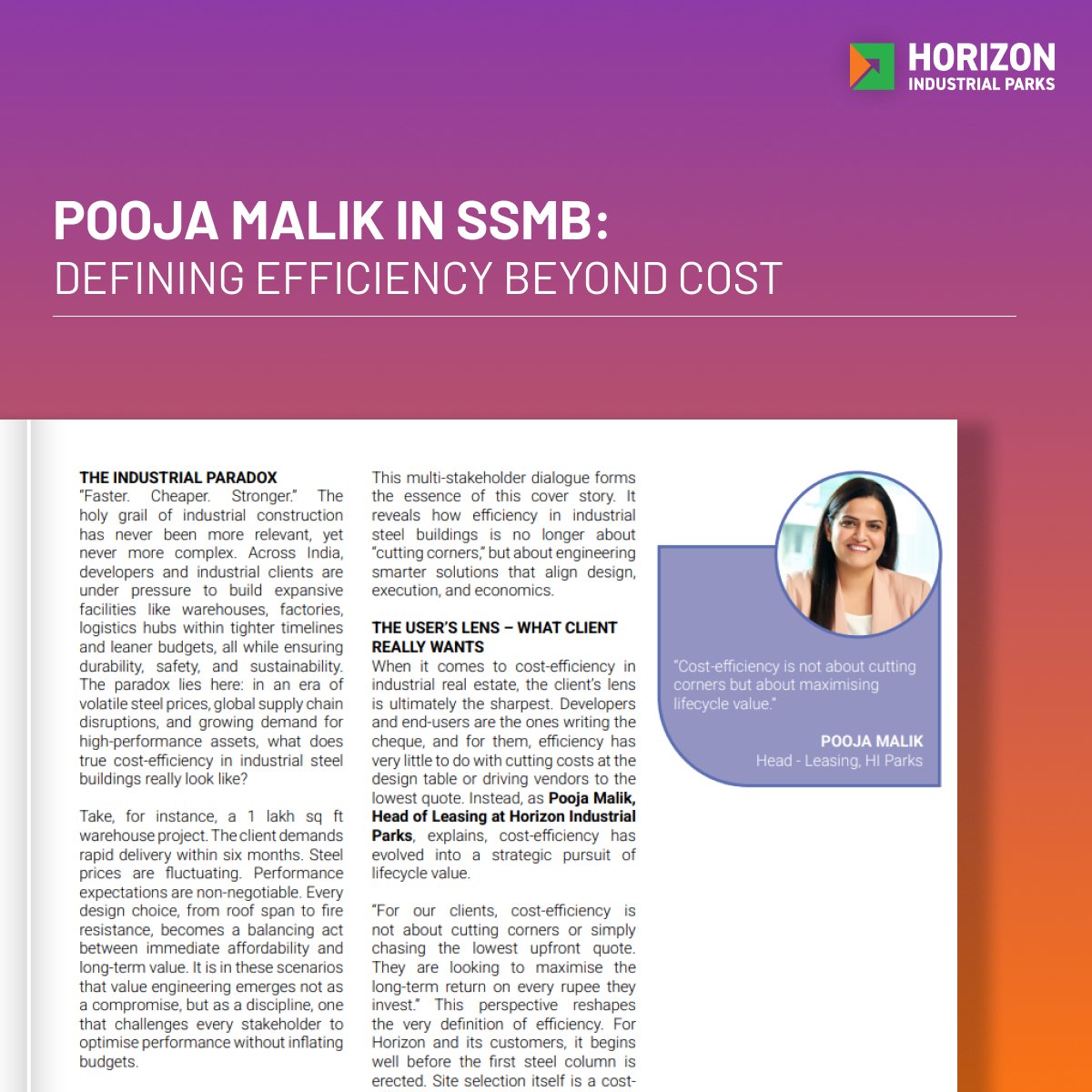 horizon_parks's tweet image. Pooja Malik, Horizon Industrial Parks, tells SSMB how efficiency goes beyond cost: lifecycle value, smart sites, automation-ready layouts &amp;amp; phased delivery. Sustainability ensures long-term client value. 

#HorizonIndustrialParks #IGBCPlatinum #IndustrialRealEstate