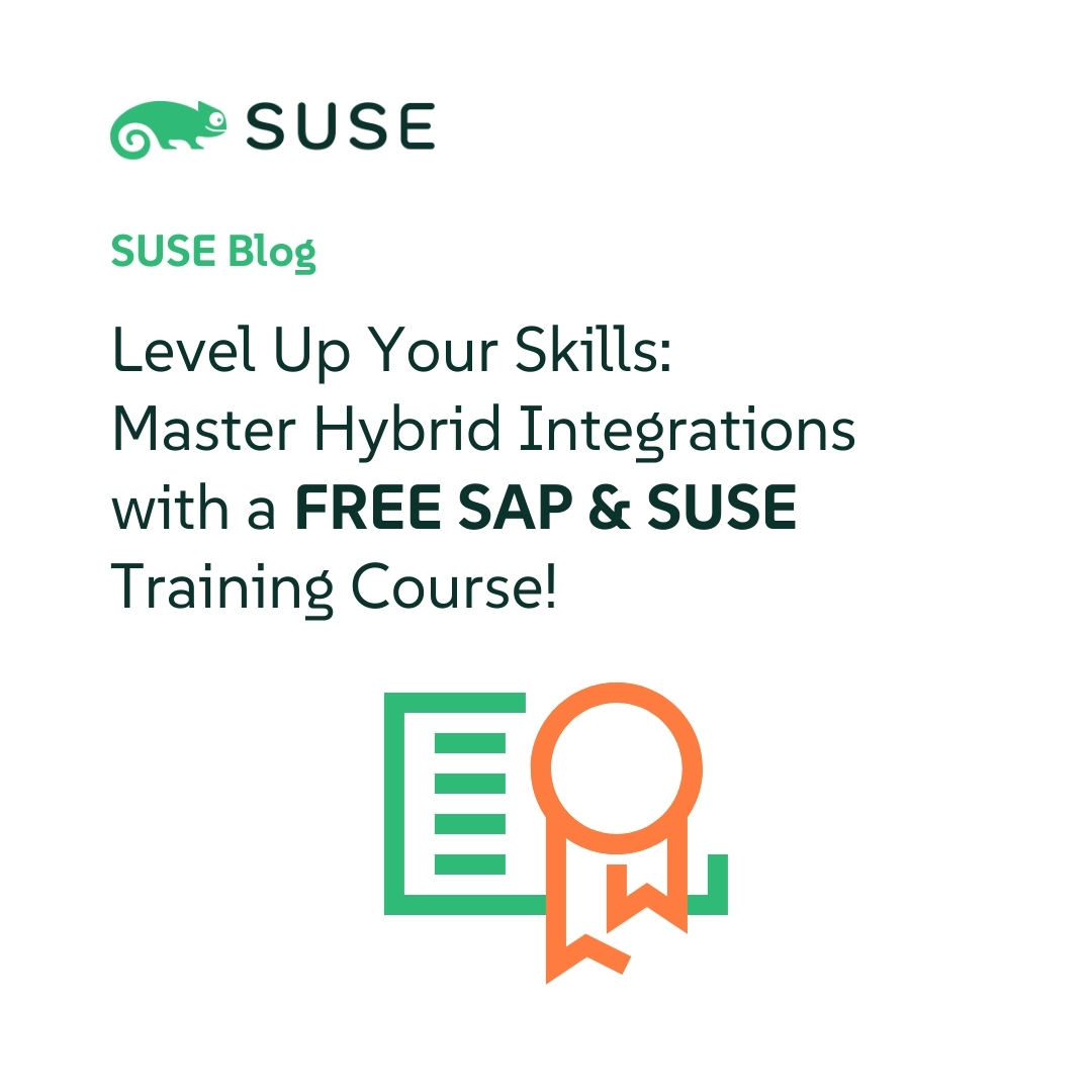 🚨 Free SAP training just dropped! Learn hybrid integration with SAP Integration Suite on SUSE Rancher. ✅ 3 hrs self-paced ✅ Cert + badge ✅ Forum support 
Build cloud-native skills in SAP + Kubernetes okt.to/B7khpK
#SAP #FreeTraining #Kubernetes #CloudNative #SUSE
