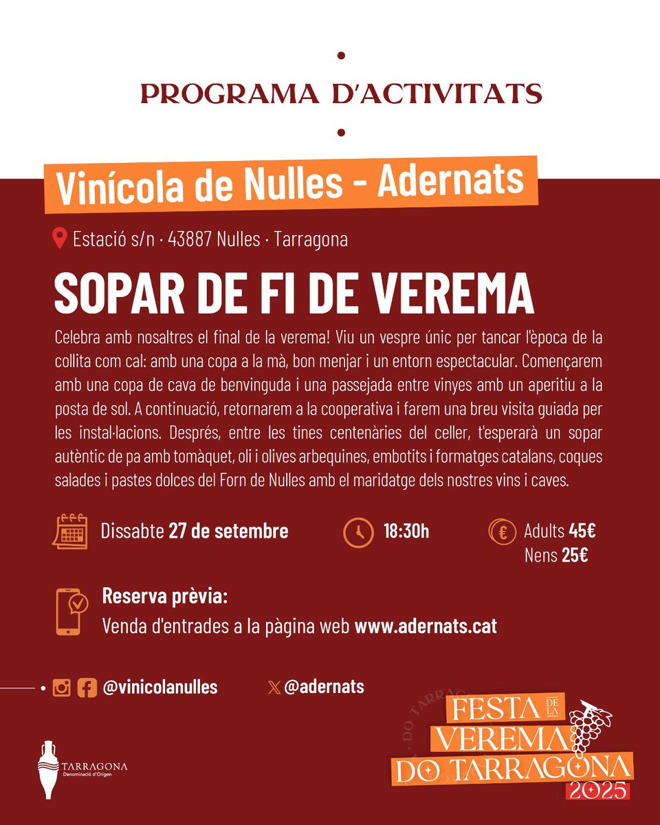 adernats's tweet image. El 27 de setembre a les 18.30h us esperem al celler per celebrar una nova edició de la Festa de la Verema de la @DOTarragona!

Reserves: adernats-shop.com