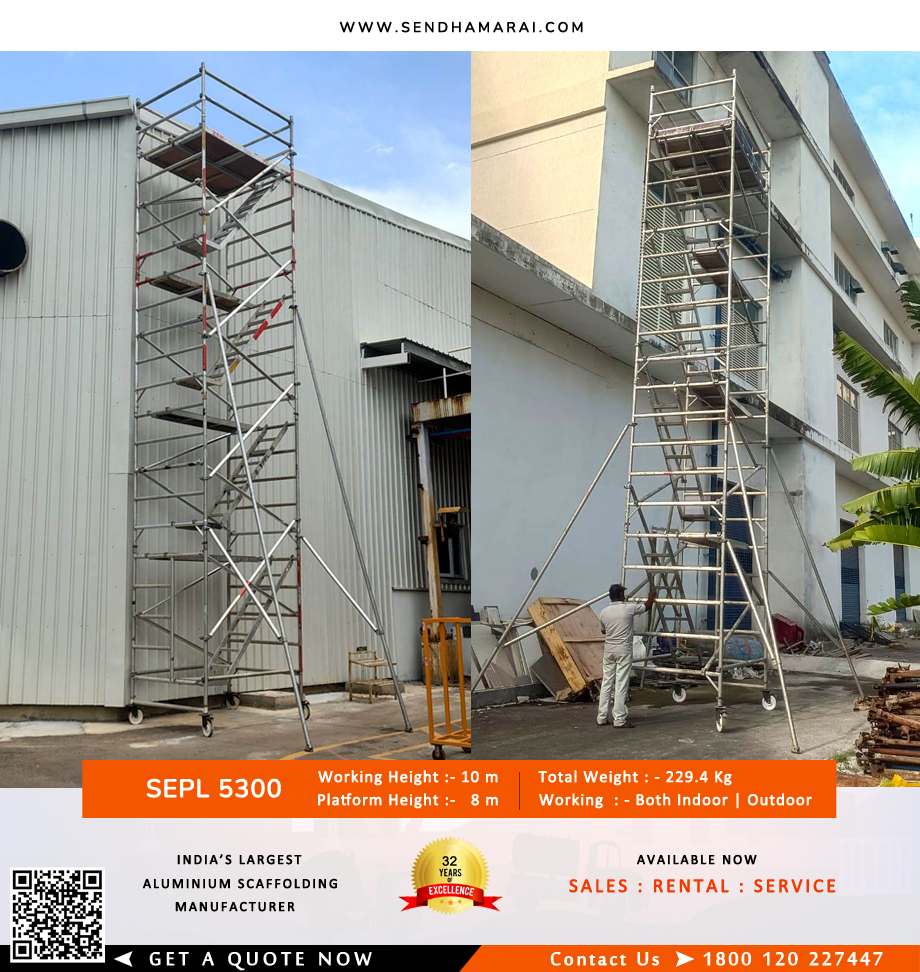10m Aluminium #Scaffolding 🏗️ | 8m platform | 229.4kg total weight | Rental &amp; sales available – scan to get a quote! #SafetyFirst #WorkAtHeight sendhamarai.com