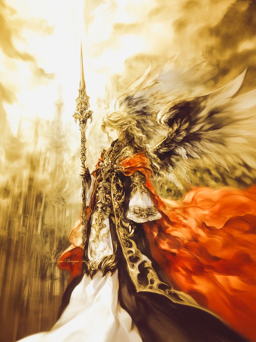 hiro_aiart's tweet photo. 天と地の聖槍

■Prompt
A grand dark fantasy oil paintingof a winged warrior standing before a towering cathedral. He wears ornate black and gold armor with flowing white and black garments, a crimson cape billowing in the wind. In his hand he holds a long, intricately designed spear. His wings, a mix of black and white feathers, stretch dramatically, symbolizing both divinity and fallen power. The background glows with golden light piercing through the clouds, creating a sense of awe, majesty, and mythic judgment.

[日本語訳]
翼を持つ戦士がそびえ立つ大聖堂の前に立つ、壮大なダークファンタジーの油絵。彼は黒と金の装飾的な鎧を身にまとい、白と黒の流れるような衣を纏い、風になびく深紅のマントをまとっている。手には長く精巧にデザインされた槍を握っている。黒と白の羽根が混ざった翼は劇的に広がり、神性と失墜した力の両方を象徴している。背景には雲間を貫く黄金の光が輝き、畏敬と威厳、そして神話的な審判の感覚を生み出している。