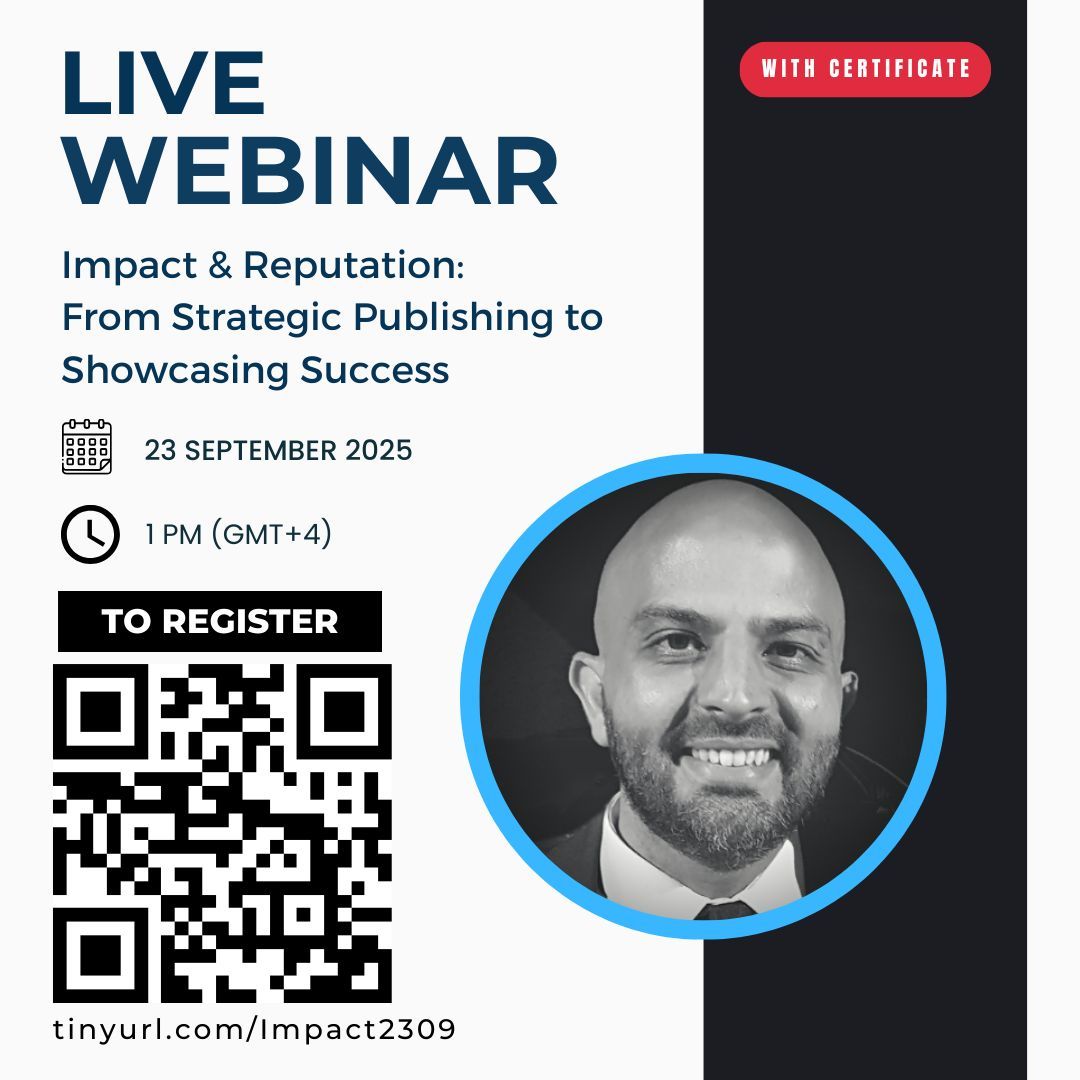 Jamaleo_'s tweet photo. Webinar Sep 23rd @ 13h (GMT+4) 

"Impact &amp; Reputation: From Strategic Publishing to Showcasing Success"
Register: https://t.co/ECu3ciWfIF 

Important: Use your name in Latin characters + ensure your email is correct to receive the webinar link, certificate &amp; materials https://t.co/wIMraAQGAK