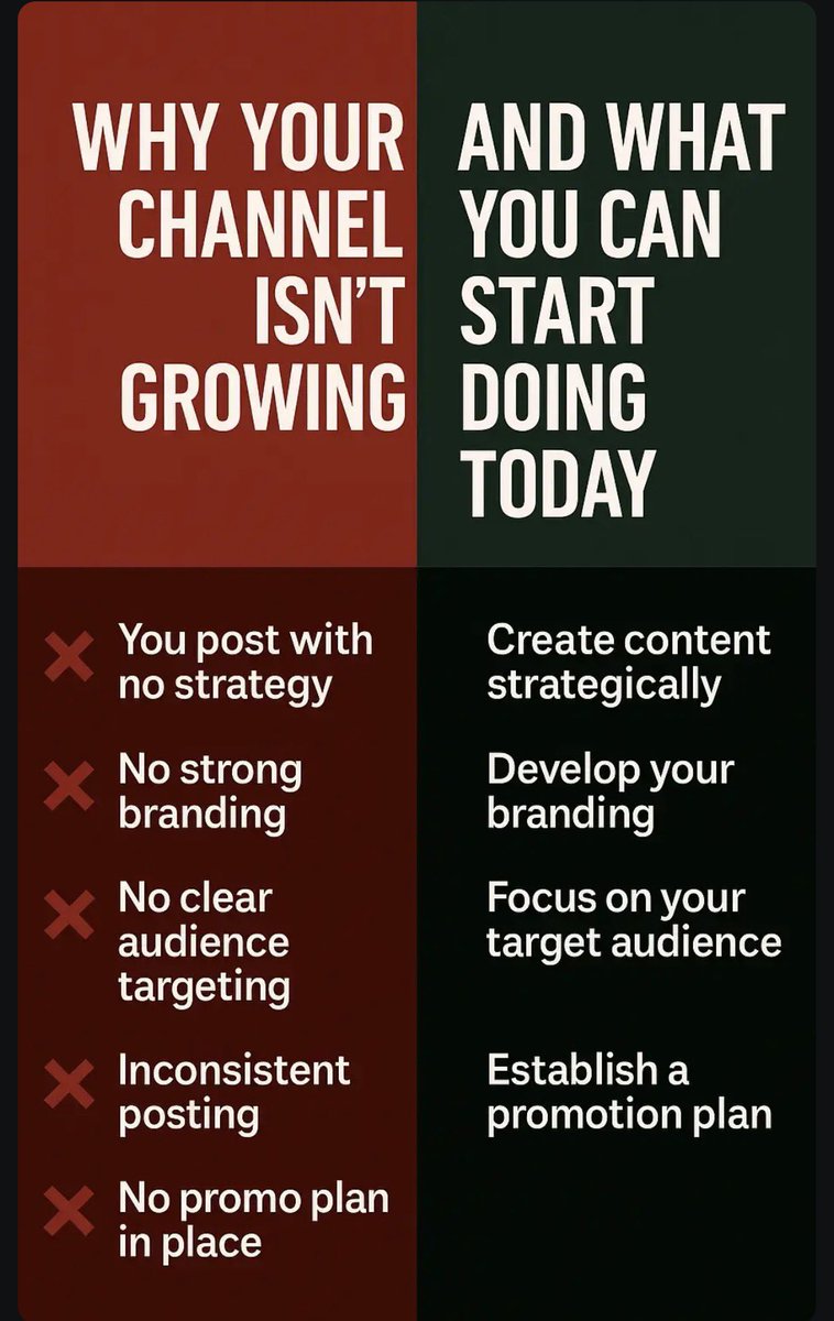 Just_Expert_MS's tweet photo. Why your channel isn’t growing ❌
➡️ No strategy for audience targeting 
➡️ Weak branding
➡️ Inconsistent posting
➡️ No promotion plan

✅ Fix these &amp; watch your channel grow! Comment now to start
#contentcreators #growyourchannel #socialmediagrowth #contenttips #creatorcommunity https://t.co/HTDLPbZFR2