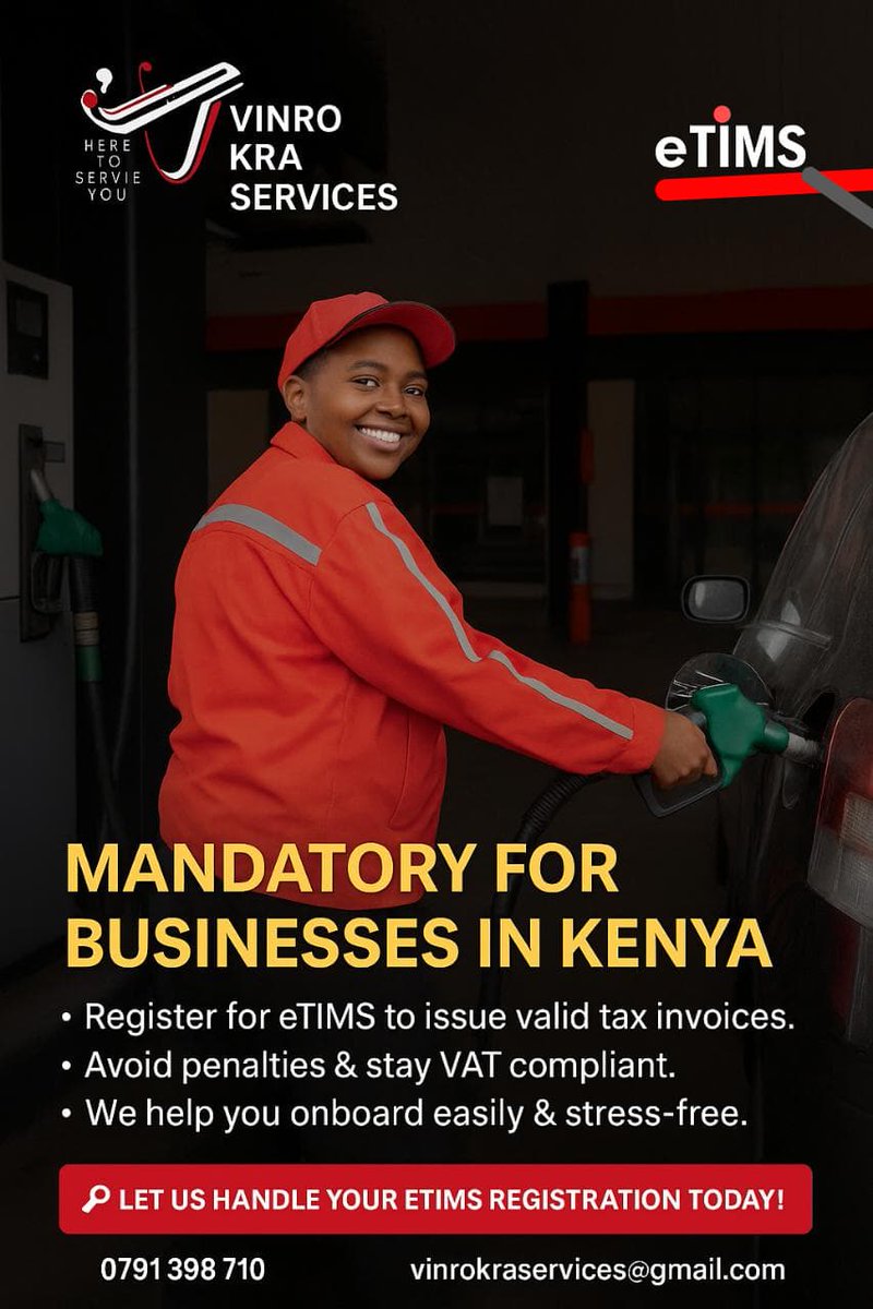 💻 Businesses in Kenya must use eTIMS for VAT compliance.
We help you register &amp; stay compliant ✅

📞 0791 398 710 | 📧 vinrokraservices@gmail.com
#KRA #eTIMS #VinroKRAServices