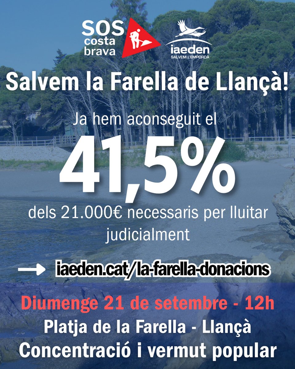 🌲 Ja hem aconseguit el 41,5% dels 21.000 € per defensar judicialment la pineda de la Farella de Llançà 💪
📢 Tenim temps fins al 3 d’octubre per arribar al 100%!
🔗 iaeden.cat/la-farella-don…
📍 21 de setembre · 12h · Platja de la Farella (Llançà)
Concentració i vermut popular 🌊
