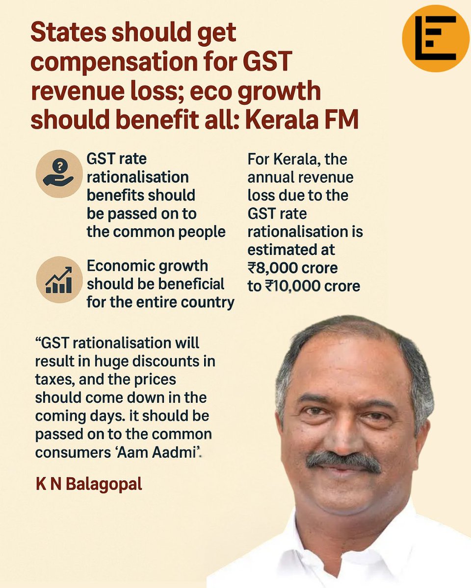 Legalfactoryin's tweet photo. Kerala FM K.N. #Balagopal warns: GST rate rationalisation must not weaken states.
#GSTUpdate #KeralaEconomy #TaxReform #RevenueLoss #CompensationCess #PublicFinance #WelfareEconomy #TaxPolicy #IndiaEconomy #GSTCouncil https://t.co/RTgaUXEKOE