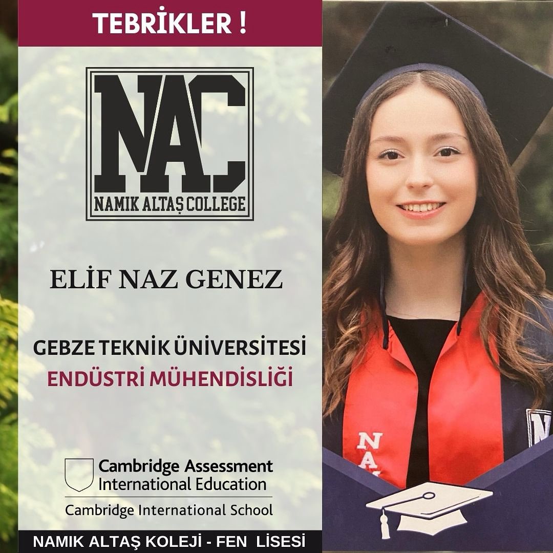 Değerli Veliler ve Sevgili Öğrenciler,  
Okulumuzun Fen Lisesi öğrencilerinden ELİF NAZ GENEZ , GEBZE TEKNİK ÜNİVERSİTESİ- ENDÜSTRİ MÜHENDİSLİĞİ  bölümüne yerleşmiştir. Öğrencimizi,  velilerini ve öğretmenlerini tebrik eder,  başarılarının devamını dileriz. TEBRİKLER!