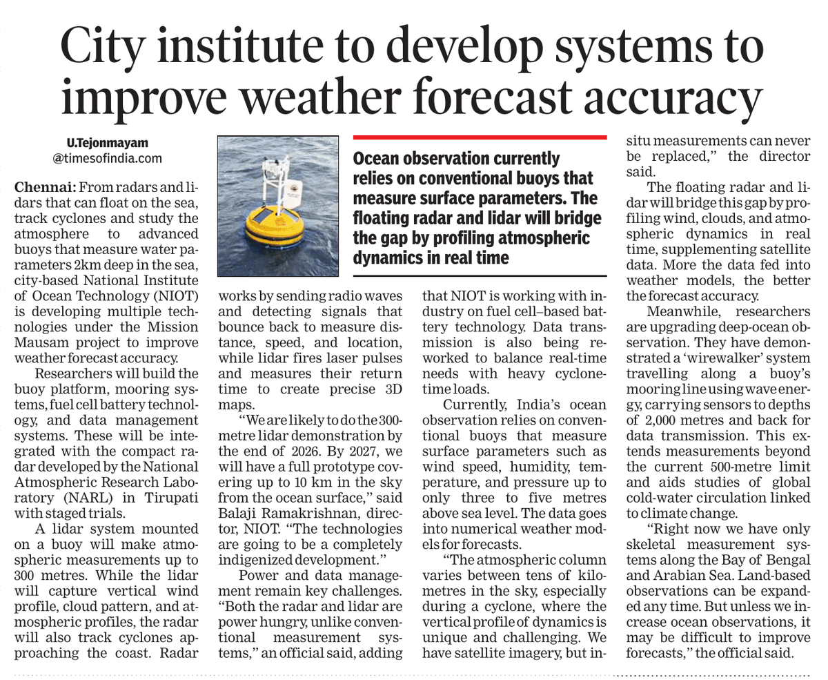 Floating radars, lidars and a wirewalker, <a href="/MoesNiot/">MoES NIOT</a> is developing multiple techs to track ocean weather to improve <a href="/Indiametdept/">India Meteorological Department</a>'s weather forecast accuracy <a href="/PMOIndia/">PMO India</a> <a href="/CMOTamilnadu/">CMOTamilNadu</a> <a href="/ChennaiRmc/">IMD-Tamilnadu Weather</a> <a href="/WMO/">World Meteorological Organization</a> <a href="/moesgoi/">MoES GoI</a> <a href="/moefcc/">MoEF&CC</a> <a href="/ESSO_INCOIS/">INCOIS, MoES</a> <a href="/CSIRNIOGoa/">CSIR-NIO GOA</a> <a href="/CentreCoastal/">National Centre for Coastal Research</a> <a href="/ChennaiRains/">Chennai Rains (COMK)</a> <a href="/praddy06/">Tamil Nadu Weatherman</a>