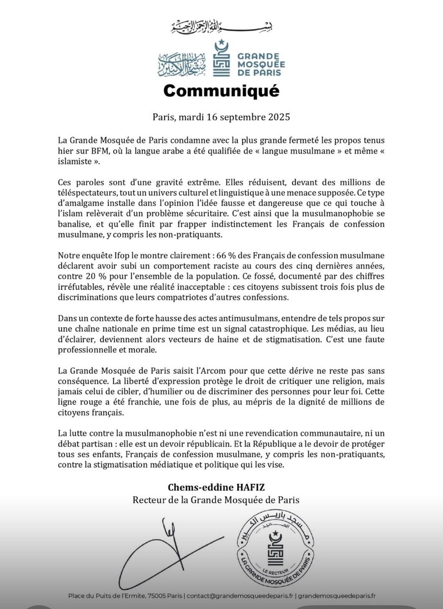 chemshafiz's tweet image. Assimiler hier sur @BFM l’arabe à une « langue musulmane » voire « islamiste » n’est pas une erreur : c’est de la musulmanophobie en direct.
Notre enquête @IfopOpinion l’a montré : 2 Français de confession musulmane sur 3, y compris les non-pratiquants, subissent racisme &amp;amp;…
