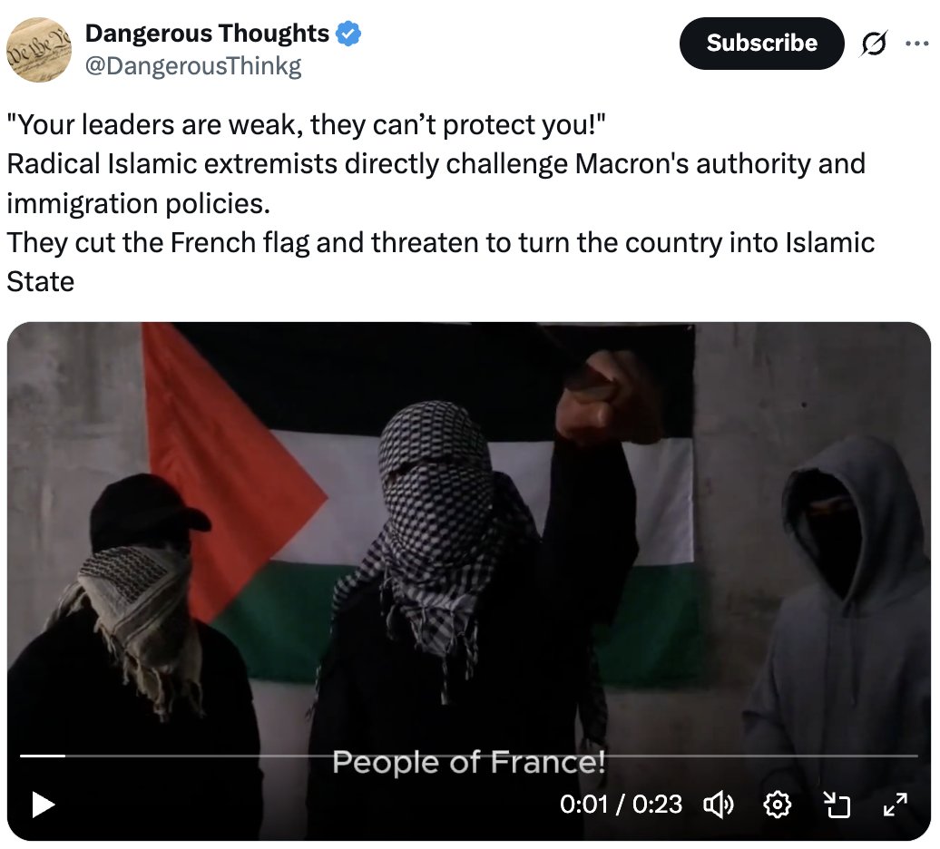 Looks like the latest Storm-1516 disinformation campaign targeting France. The campaign includes a video with a group of the alleged "Islamic extremists", who are threatening to make France an "islamic state" and are slashing the French flag in the end of the video.