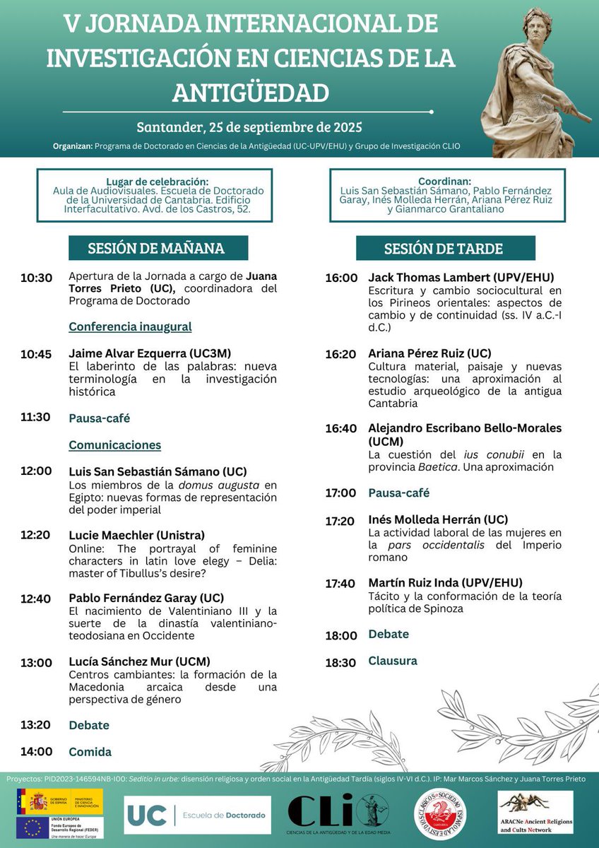 PabloFGaray's tweet photo. Os comparto el programa de la V Jornada Internacional de Investigación en Ciencias de la Antigüedad, que se celebrará el próximo 25 de septiembre en Santander. https://t.co/Eq3RLFxiDA