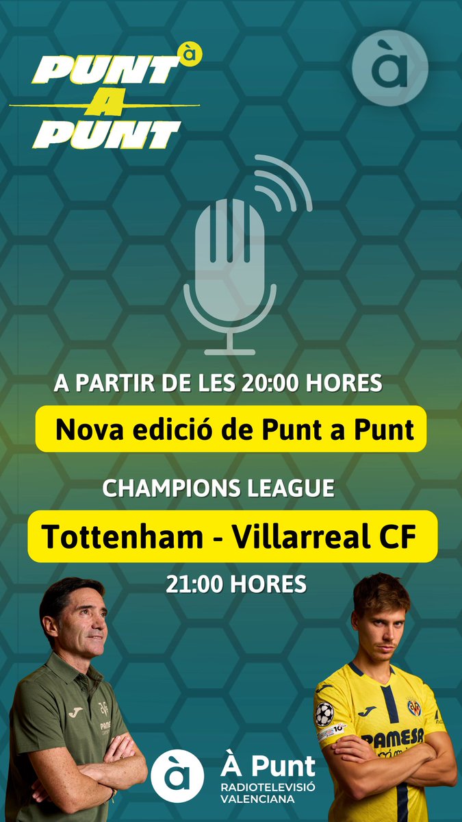 👋🏻 Hui teniu una nova cita amb <a href="/PuntaPunt_/">Punt a Punt</a> d’<a href="/apuntesports/">À Punt Esports</a>!

🔙 Torna la <a href="/ChampionsLeague/">UEFA Champions League</a> per a l’equip groguet 

⌚️ Des de les 20:00 hores 
🔴 EN DIRECTE en <a href="/apunt_media/">À Punt</a> 

⚽️ <a href="/Spurs_ES/">Tottenham Hotspur</a> 🆚 <a href="/VillarrealCF/">Villarreal CF</a> (21:00h) 

No falteu!