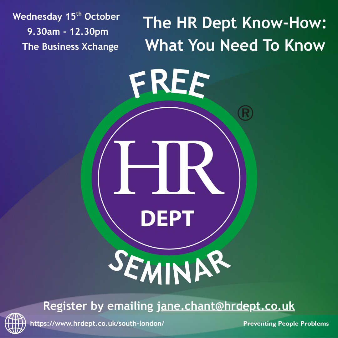 FREE HR SEMINAR: What You Need To Know HR Right Now

15th October
The Business Xchange Hub, Sunley House, Croydon
9.30am - approximately 12.30pm 

Register by contacting jane.chant@hrdept.co.uk

#HRSeminar #HRTraining #HRDept #BusinessNetworking #HRCommunity #HRDeptSouthLondon