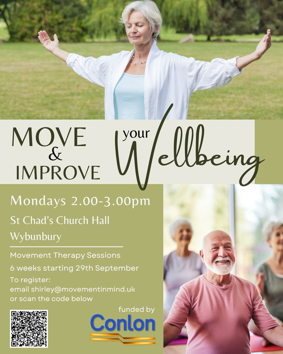 _CONLON_'s tweet image. Free to attend wellbeing movement therapy sessions at St Chad's Church Hall, Wybunbury, helping improve mind and body. #wellbeing #socialising #movementtherapy
