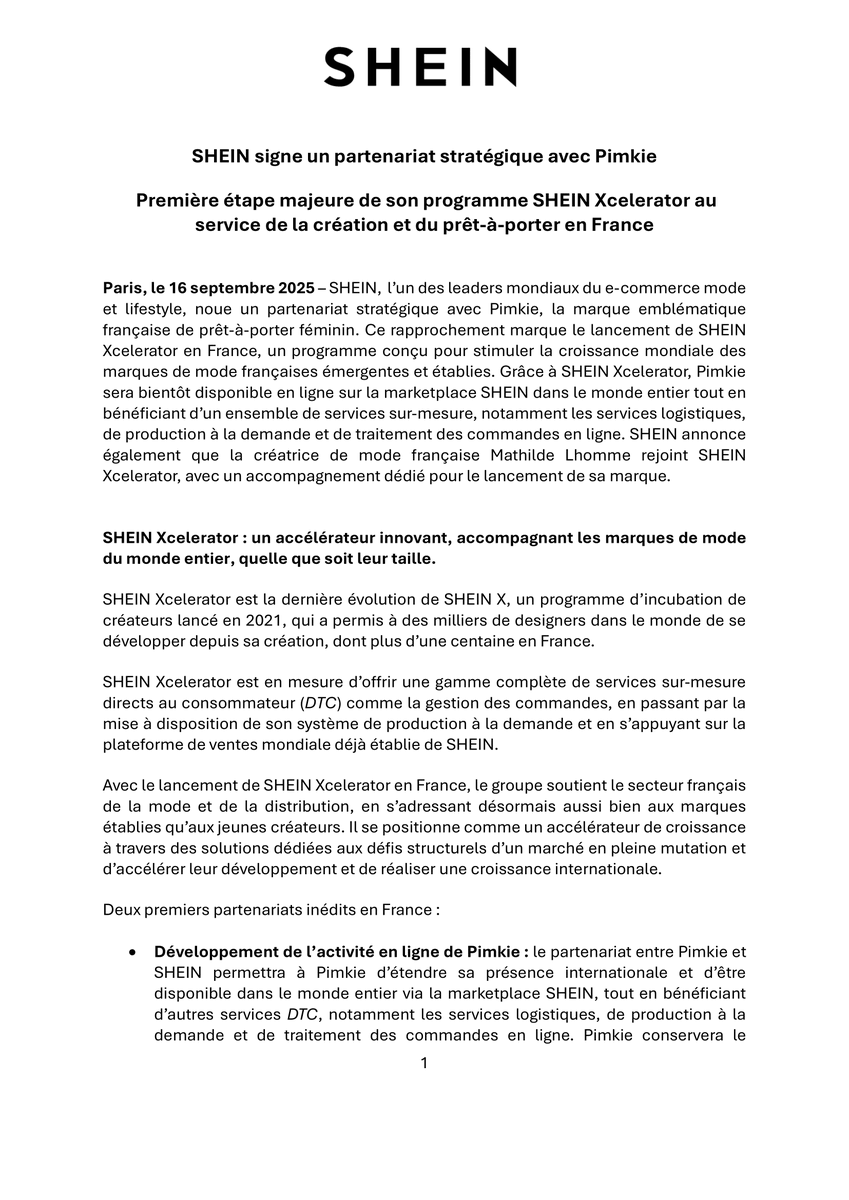 SHEIN_FR_Presse's tweet photo. Communiqué : SHEIN signe un partenariat stratégique avec Pimkie - Première étape majeure de son programme SHEIN Xcelerator au service de la création et du prêt-à-porter en France.

SHEIN annonce également que la créatrice de mode française Mathilde Lhomme rejoint SHEIN Xcelerator, avec un accompagnement dédié pour le lancement de sa marque.

Retrouvez l’intégralité des informations dans le communiqué de presse ci-dessous👇