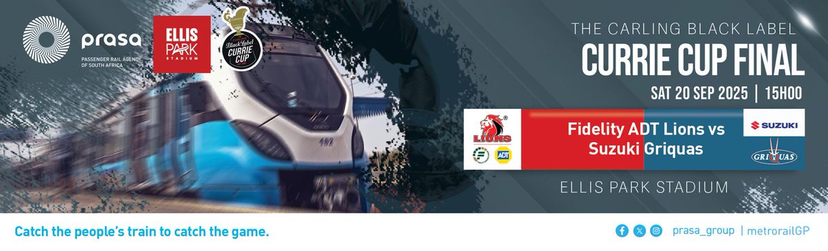 🏉🔥 Game day made easy! Hop on the 🚆 People’s Train to Ellis Park for the Currie Cup Final – <a href="/LionsRugbyCo/">Lions</a> 🆚 Griquas!
⏱️ Trains every 15 min (12h00–14h45) | Return 17h00–19h00
💸 R20 return fare
📆 Sat, 20 Sept | 15h00
#IsitimelaSabantu #PeoplesTrain #CurrieCupFinal #LIOvGRI