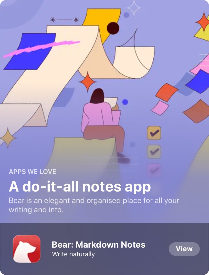 BearNotesApp's tweet image. We’re honored that Bear is featured in the #AppStore “Apps We Love” story 🐻✨🍎

“Bear’s unfussy interface lets you remove cluttered menus and other distractions, freeing up room for you to think.” — App Store

Read more 👉 apps.apple.com/it/story/id178…