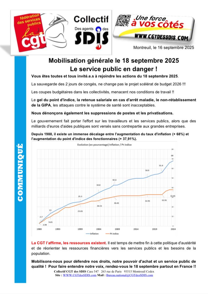 CGTdesSDIS's tweet photo. MOBILISATION GÉNÉRALE LE 18 SEPTEMBRE 2025 LE SERVICE PUBLIC EN DANGER !

Vous êtes toutes et tous invité.e.s à rejoindre les actions du 18 septembre 2025.
La sauvegarde des 2 jours de #congés, ne change pas le projet scélérat de budget 2026 !!! https://t.co/RvcAhpGvD4
