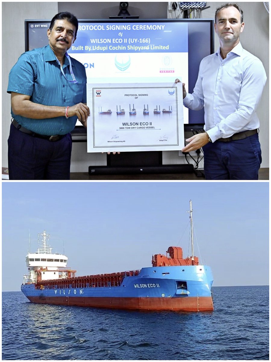 Udupi CSL,subsidiary of <a href="/cslcochin/">Cochin Shipyard Limited</a> under <a href="/shipmin_india/">Ministry of Ports, Shipping and Waterways</a>,successfully handed over the 2nd 3800 TDW General Cargo Vessel to M/s.WilsonASA, Norway on15 Sept 25.This milestone is a testament to the world class engineering talent at Udupi CSL. Built with pride,powered by <a href="/makeinindia/">Make in India</a>