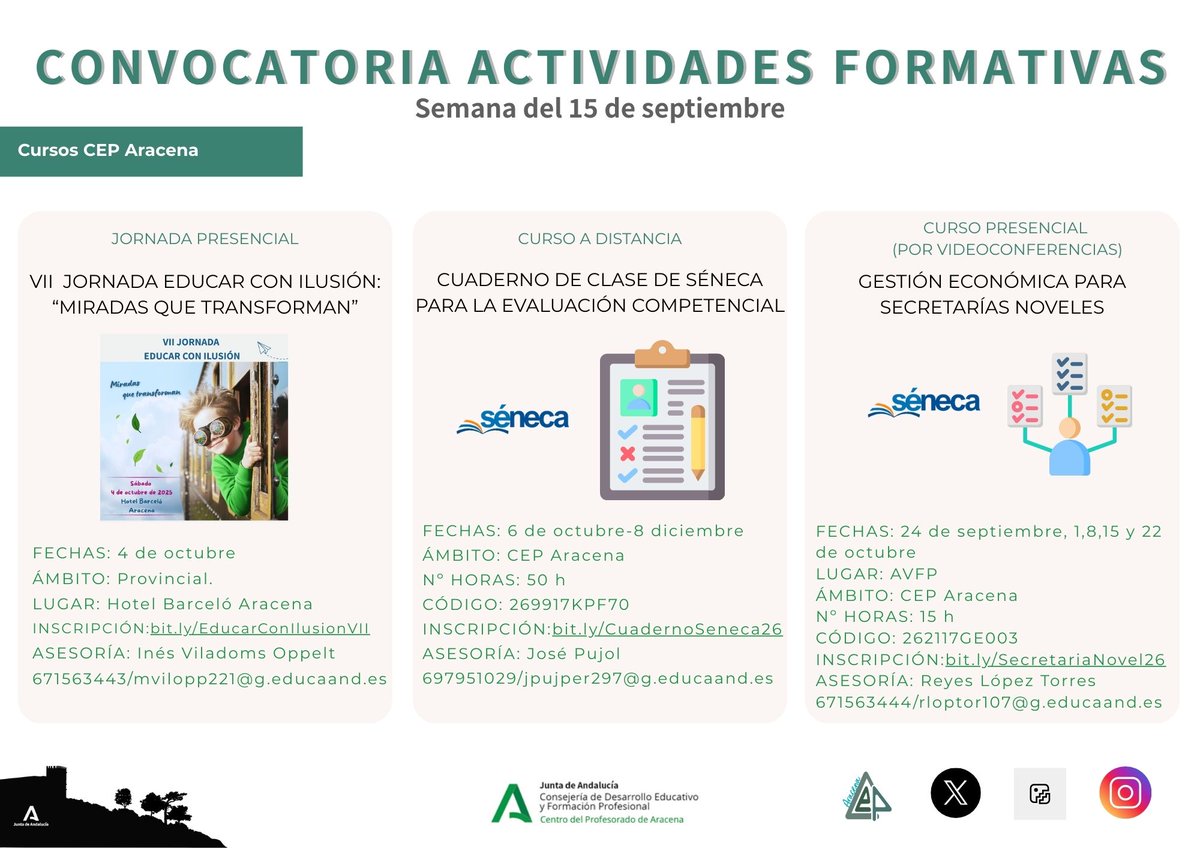 En el siguiente enlace puedes acceder a las actividades formativas del CEP de Aracena que tienen actualmente abierto el plazo de inscripción. bit.ly/FormacionCEPAr… <a href="/ordenacioneduhu/">Servicio de Ordenación Educativa Huelva</a>