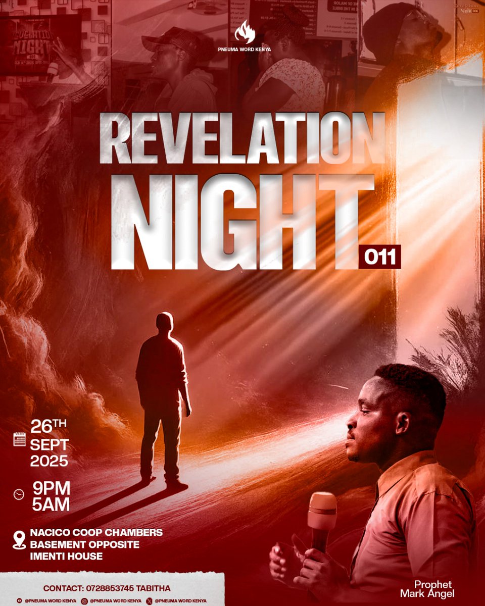 PneumaWordKenya's tweet photo. ✨ *REVELATION NIGHT 011*✨
An overnight encounter in God’s presence is around the corner 🙌
Prepare your heart for a night of worship, prayer, and divine revelation. 🔥
Invite someone—don’t come alone!
#PneumaWordKenya
#RevelationNight011
#InviteyourSquad https://t.co/ujnMEpYeF2