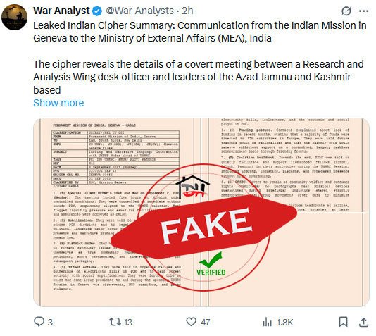 DebunkHQ's tweet photo. The claim by @War_Analysts about a covert RAW-AAC meeting involving Sardar Shaukat &amp; Nair Aziz Khan has been debunked.
🔍 Verified as fake by @DebunkHQ.
Let’s not fall for manufactured narratives.
#FakeNews #DisinfoAlert 
@PIBFactCheck https://t.co/p5ZNXi2ywp