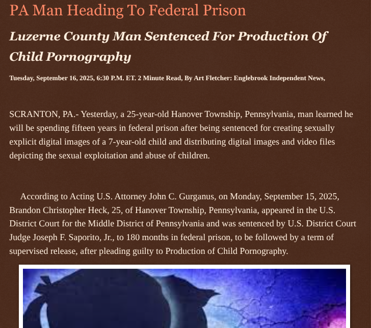 ArtFletcher9's tweet photo. PA Man Heading To Federal Prison https://t.co/grZ18RgToQ via @Englebrooknews #CrimeNews #Pennsylvania #Scrantonpa #luzernecountypa #federal #prison #childpredator #production #child #pornography @wireless_step @HRG_Media @LodiNJNews @SugarMAGA @fordmb1 @SarahGeving1 @Shannon96574094 @Daytobehappy @janninereid1 @MichelleF_35 @gator4kb18 @TrumpWasRite @KathyKbrose @RobGerundo @JimBobW49