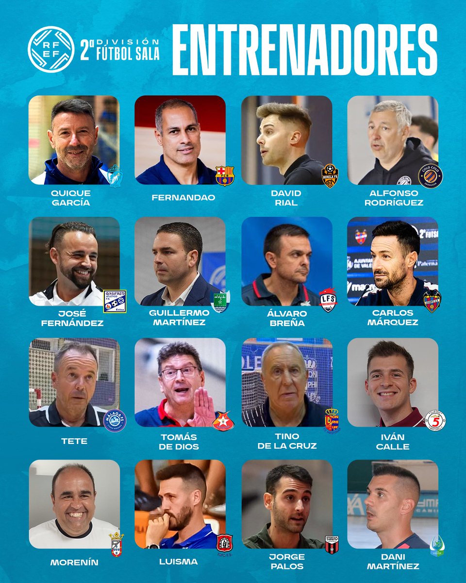 ✅ Todo listo en los banquillos de la 𝗰𝗮𝘁𝗲𝗴𝗼𝗿𝗶́𝗮 𝗱𝗲 𝗽𝗹𝗮𝘁𝗮 del fútbol sala nacional.

▶️ Estos son los 1⃣6⃣ 𝗲𝗻𝘁𝗿𝗲𝗻𝗮𝗱𝗼𝗿𝗲𝘀 de la #SegundaDivisiónFS.
 
⏳ La cuenta atrás ya ha comenzado y en 3️⃣ días arrancará el espectáculo.
 
❓ ¿Quién se hará con el
