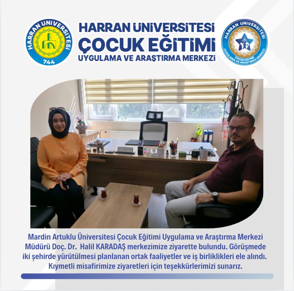 Mardin Artuklu Üniversitesi Çocuk Eğitimi Uygulama ve Araştırma Merkezi Müdürü Doç. Dr. Halil KARADAŞ merkezimize ziyarette bulundu. Görüşmede iki şehirde yürütülmesi planlanan ortak faaliyetler ve iş birliklikleri ele alındı. Kıymetli misafirimize ziyaretleri için