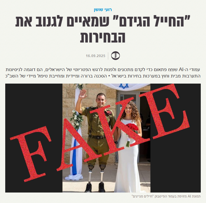 בישראל פועל מבצע השפעה דיגיטלי שמטרתו לשבש את הבחירות באמצעות תכנים מזויפים שנוצרו בבינה מלאכותית. "החתונה של החייל הגידם" שקיבלה חשיפה לעשרות אלפי אנשים, היא תמונה לדוגמה: החייל לא קיים והתמונה נוצרה בבינה מלאכותית, אבל החשיפה והמעורבות - אמיתיים. היוזרים המפיצים הם פיקטיביים,