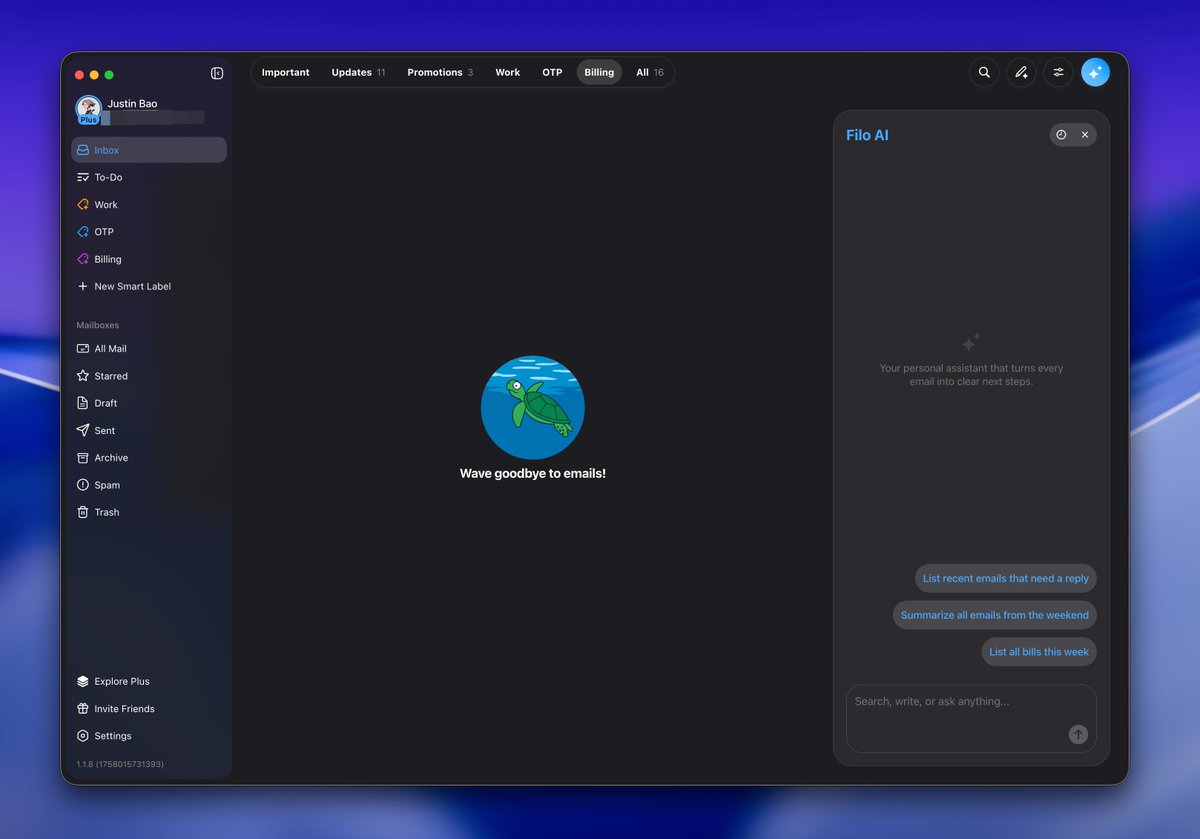JustinBao_'s tweet photo. low-light, high vibes. i’ve been living in @Filo_Mail on my Mac—maybe the cleanest Email client Dark Mode i’ve tried.
#FiloMail #Productivity #todolist https://t.co/MH28Q4yi18