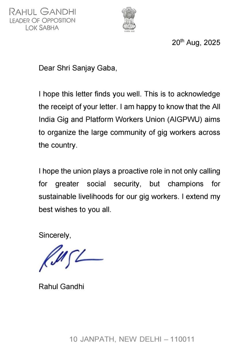 आदरणीय राहुल जी,
आपके द्वारा दिए गए स्नेहिल पत्र और शुभकामनाओं के लिए मैं अपनी तथा ऑल इंडिया गिग एंड प्लेटफॉर्म वर्कर्स यूनियन (AIGPWU) की ओर से हृदय से आभार प्रकट करता हूँ।आपको भरोसा दिलाते है कि ये यूनियन भारत में गिग वर्कर्स के लिए ईमानदारी से काम करेगी ।
<a href="/RahulGandhi/">Rahul Gandhi</a>