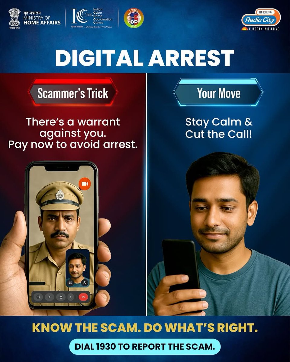 🚨 Got a video call from a “police officer” accusing you of crimes &amp; showing fake warrants? They demand money to cancel your arrest.
That’s the Digital Arrest Scam.
✅ Stay calm
✅ Cut the call
✅ Report at 1930 / cybercrime.gov.in
Know the Scam. Stay Safe.