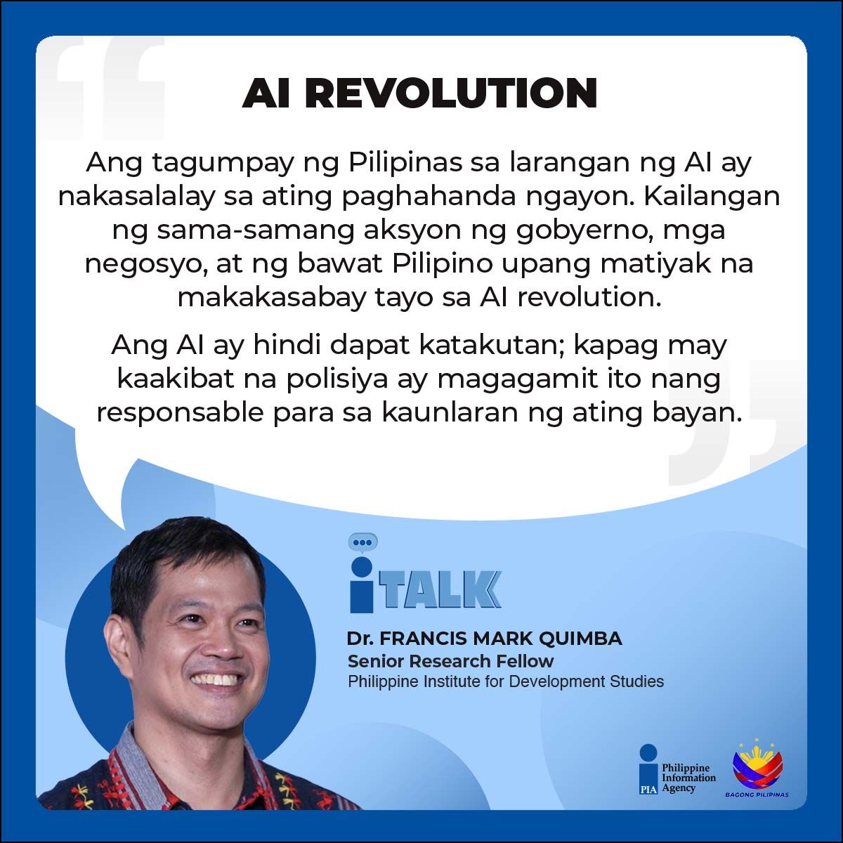 PIADesk's tweet image. Nagpaalala si Dr. Francis Mark Quimba na ang tagumpay ng Pilipinas sa larangan ng AI ay nakasalalay sa kahandaan ng bawat sektor. Aniya, ang AI hindi dapat katakutan; ang nararapat ay ang pagkakaroon ng polisiya na kaakibat ng paggamit nito.
#PIDS #AI #iTALK #PIA #BagongPilipinas