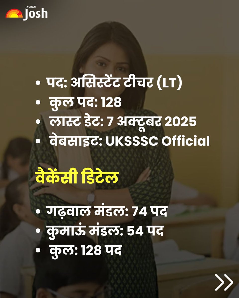 Jagranjosh's tweet image. उत्तराखंड में टीचर बनने का सुनहरा मौका! UKSSSC ने असिस्टेंट टीचर (LT) के 128 पदों पर भर्ती निकाली है। उम्मीदवार 17 सितम्बर 2025 से आवेदन कर सकेंगे और अंतिम तिथि 7 अक्टूबर 2025 है। 

#TeacherJobs #UKSSSCRecruitment #GovernmentJobs #TeachingVacancy #SarkariNaukri #JagranJosh